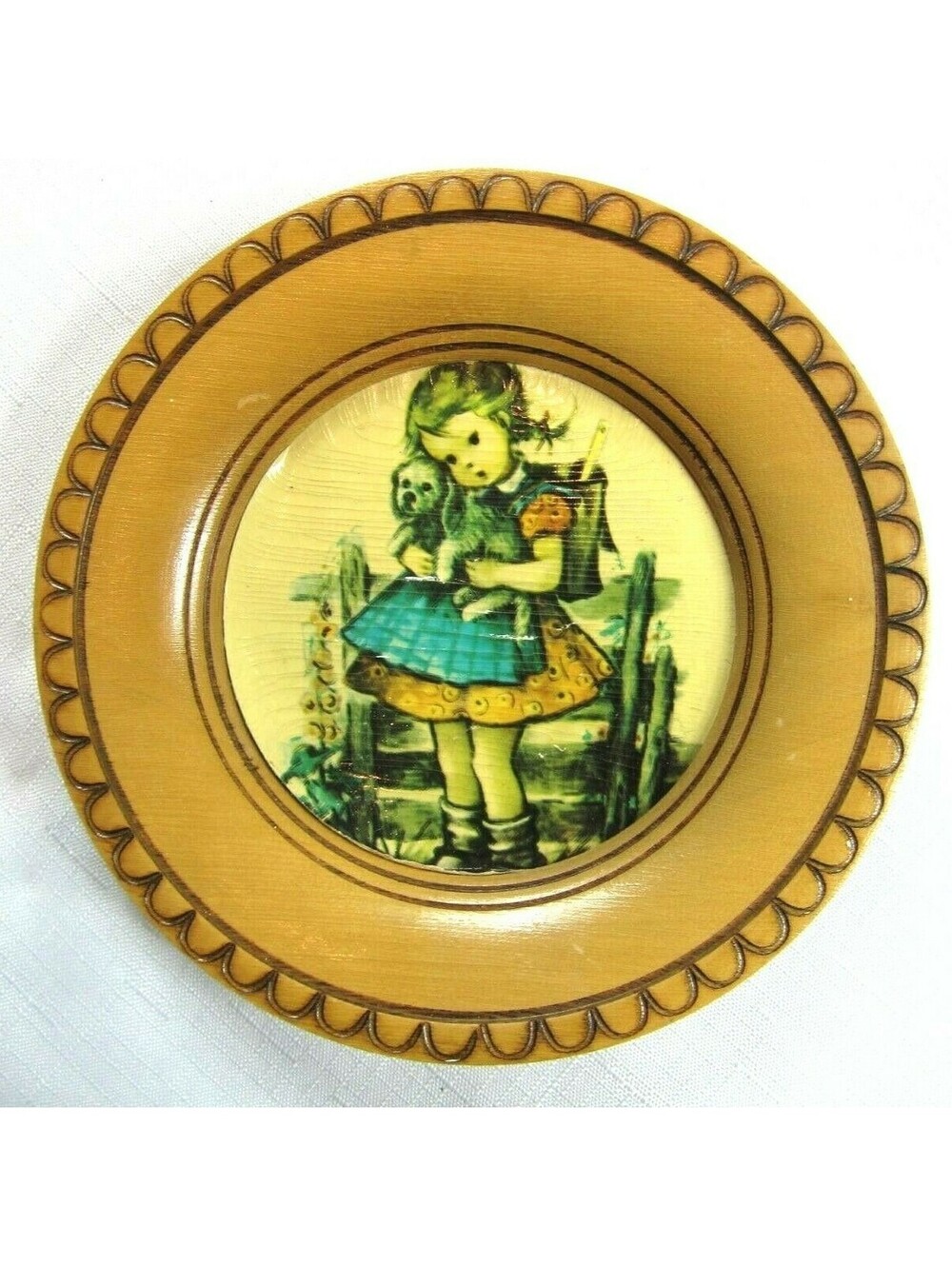 Vintage Hummel Wood Wall Plaque 6.5" Round School Girl w/ Puppy Red & Blue Dress